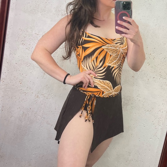 Vintage 1990s Skirted One Piece Swimsuit Orange and Brown Tropical - Picture 3 of 6